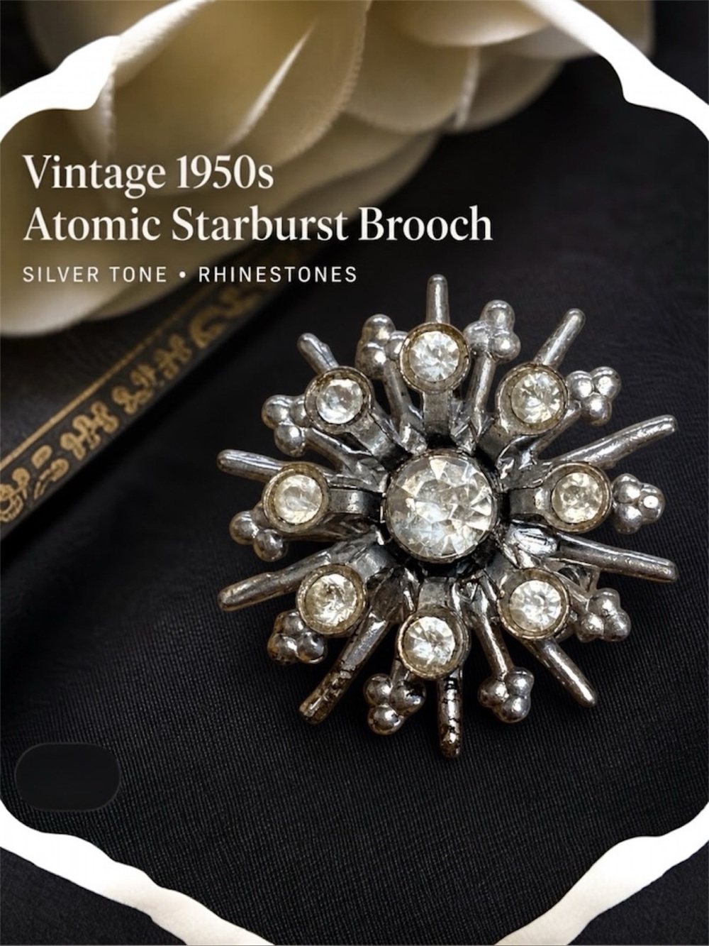Vintage 1950s Atomic Starburst Rhinestone Brooch Silver Tone Retro Sputnik Pin